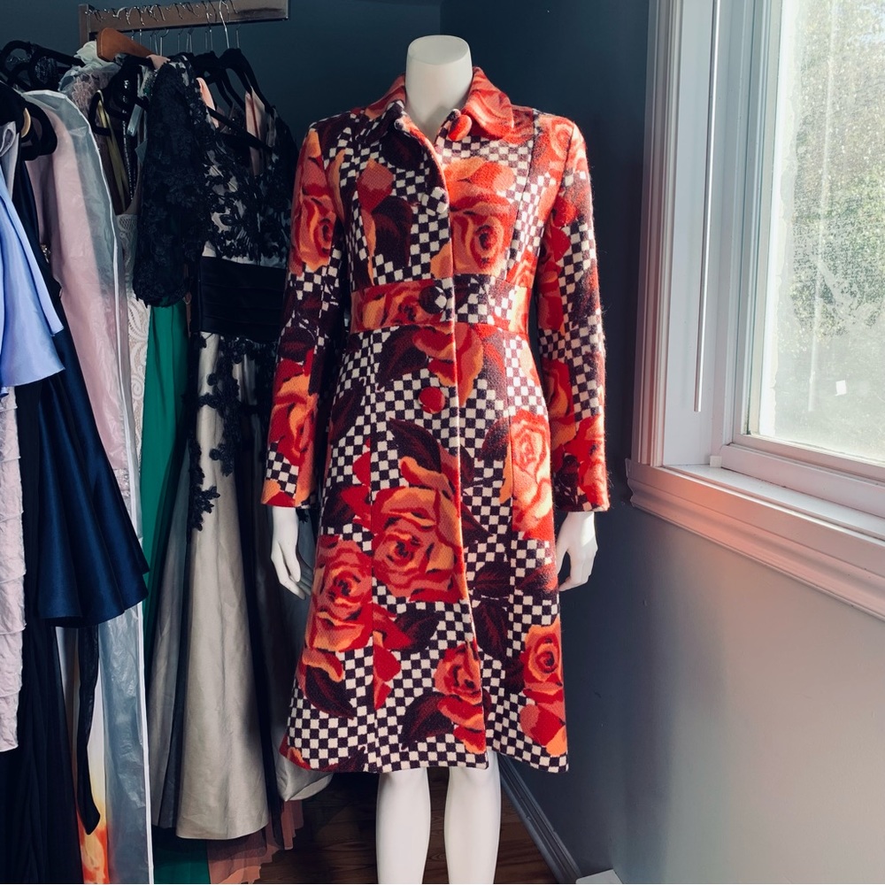Vintage Women wool check floral jacket trench blazer coat autumn sz 8